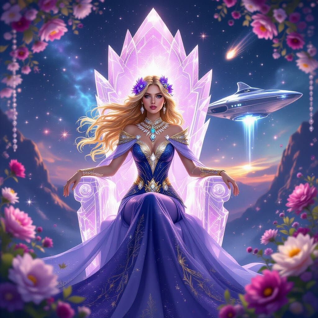 Orion Goddess on Crystal Throne in Ethereal Style
