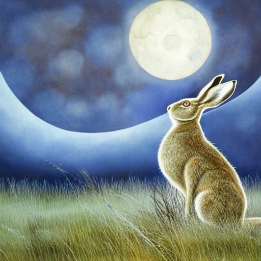 Mystical Hare in Moonlight Field, Folk Art Style