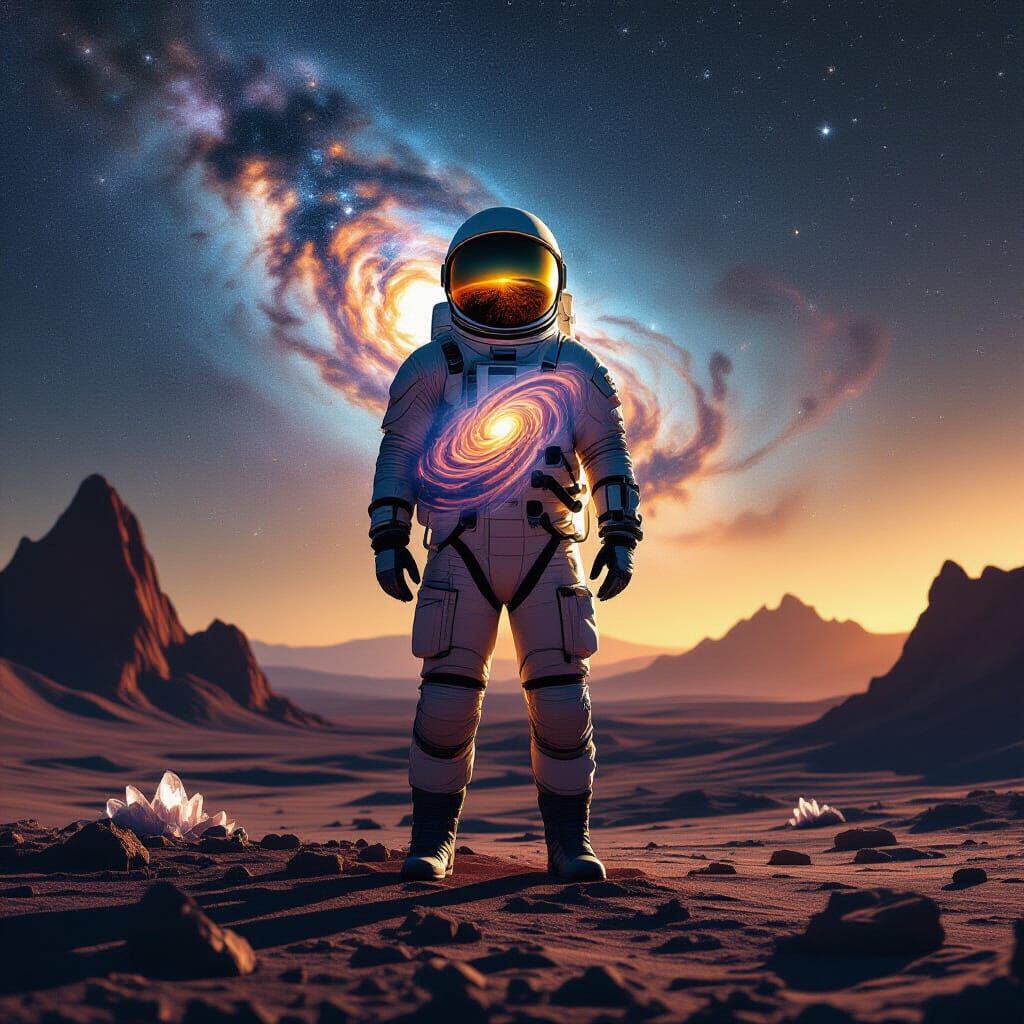Astronaut Silhouette on Alien World with Galaxy Nebula