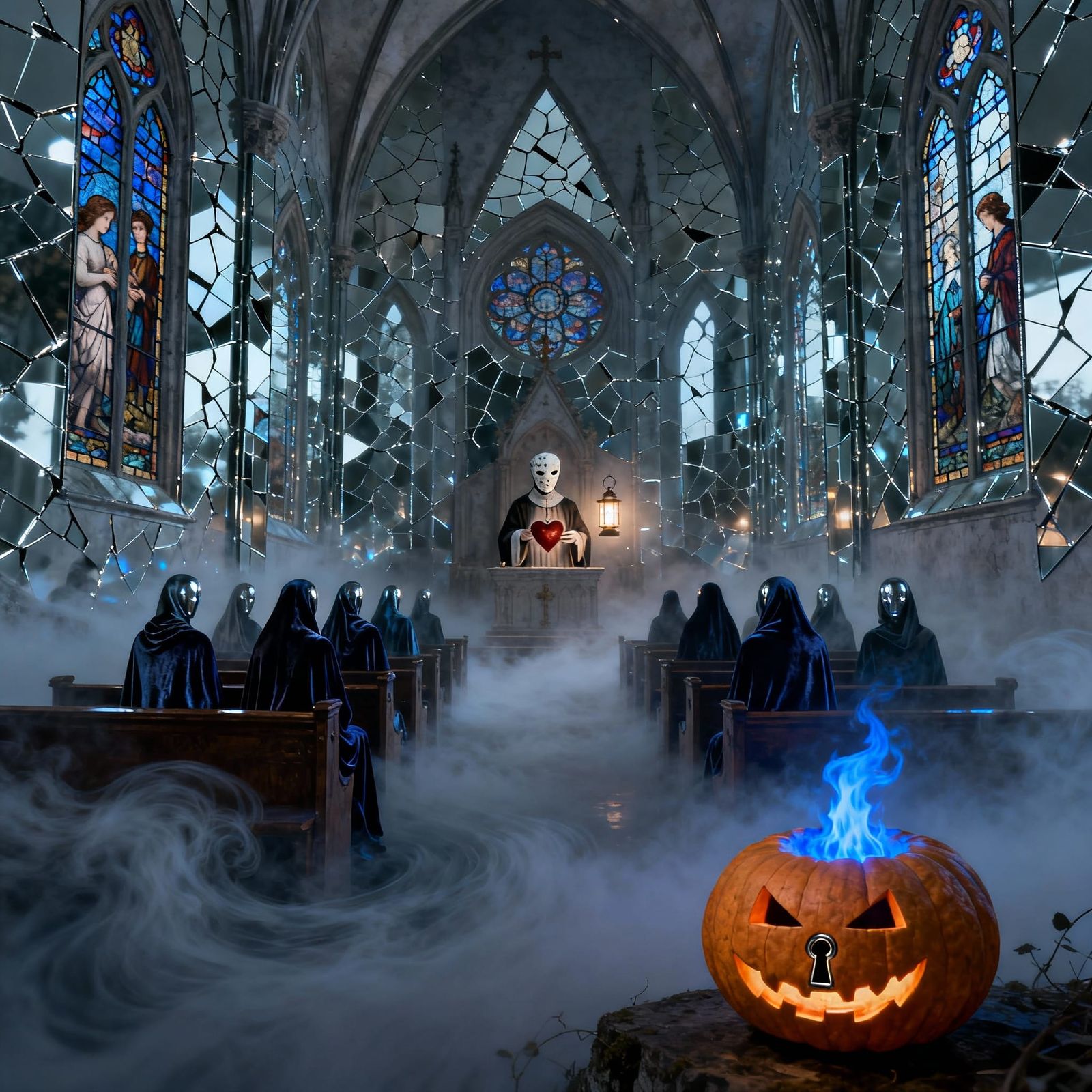 Mirror Cathedral in Misty Void with Masked Priest