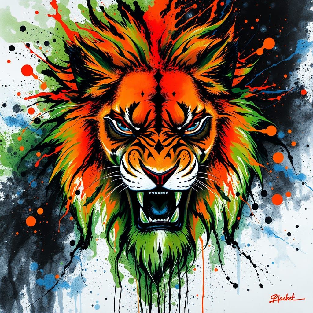 Terrifying Ghost Lion in Splatter Ink Painting