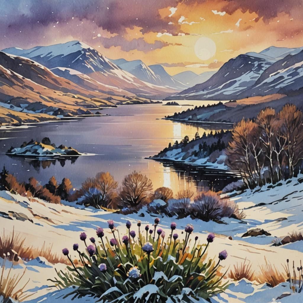 sunset of a view snowy scotland highlands in winter