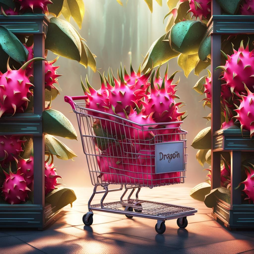 Dragon Fruit Tree in Shopping Cart, Fantasy Art