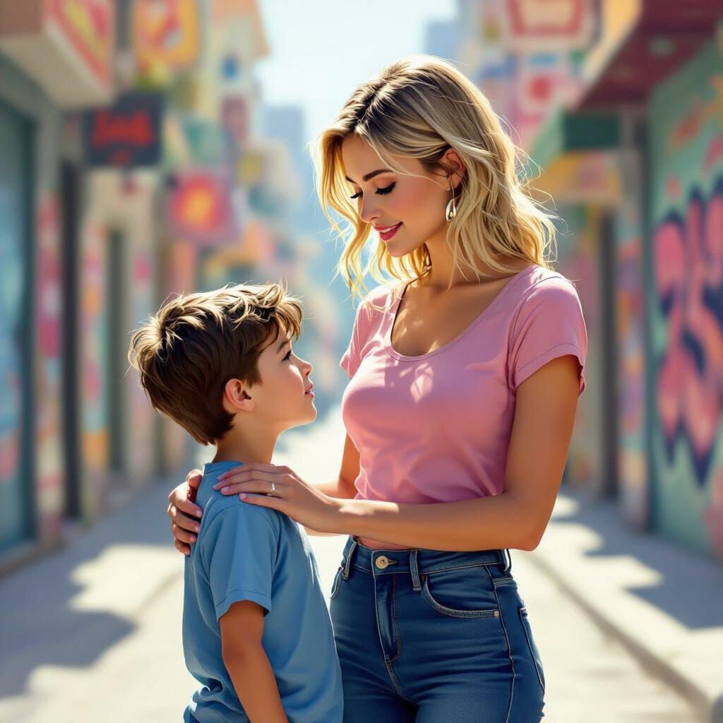 Young Woman on Sunny Street with Boy