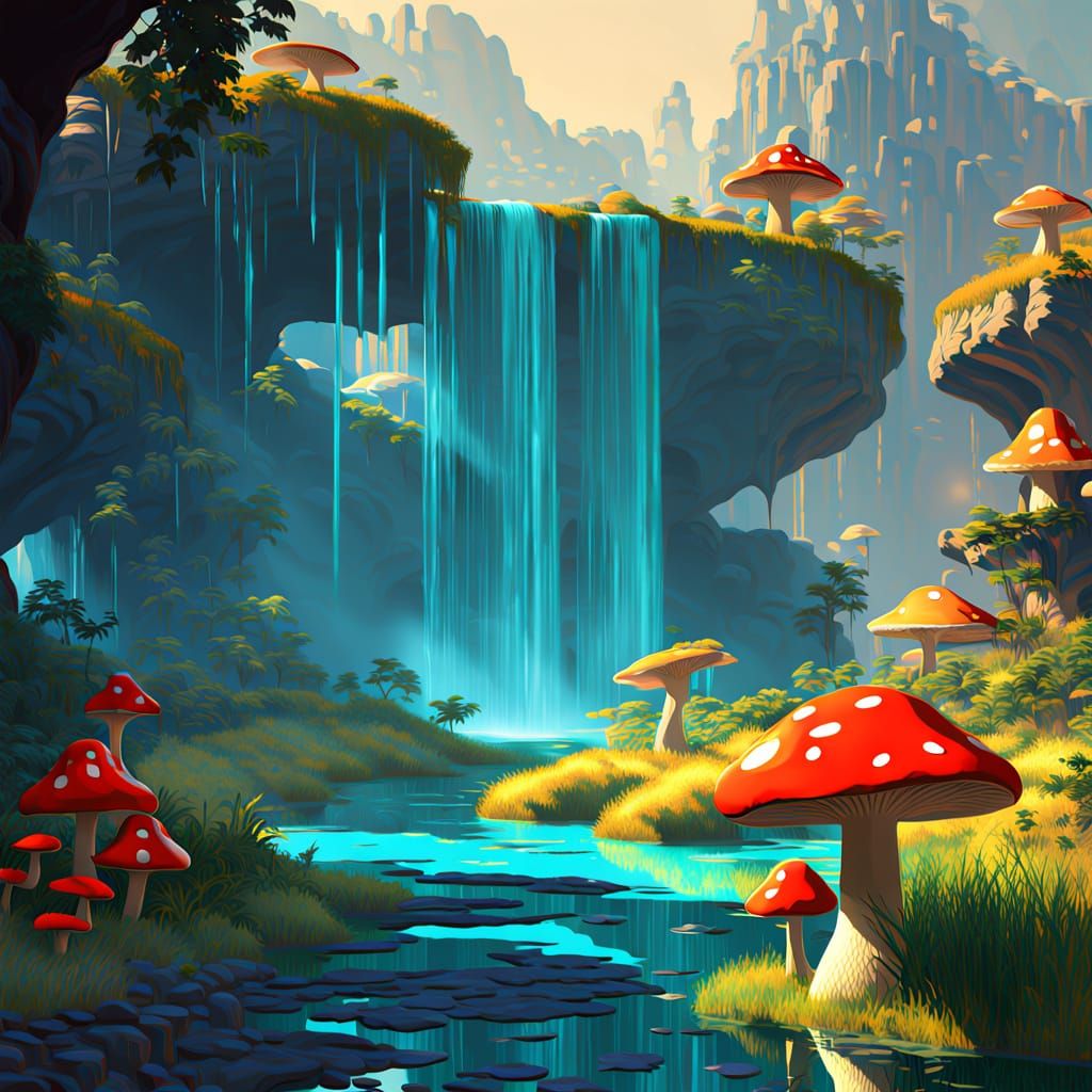 Sci-Fi Mushroom Waterfall in Impressionist Style