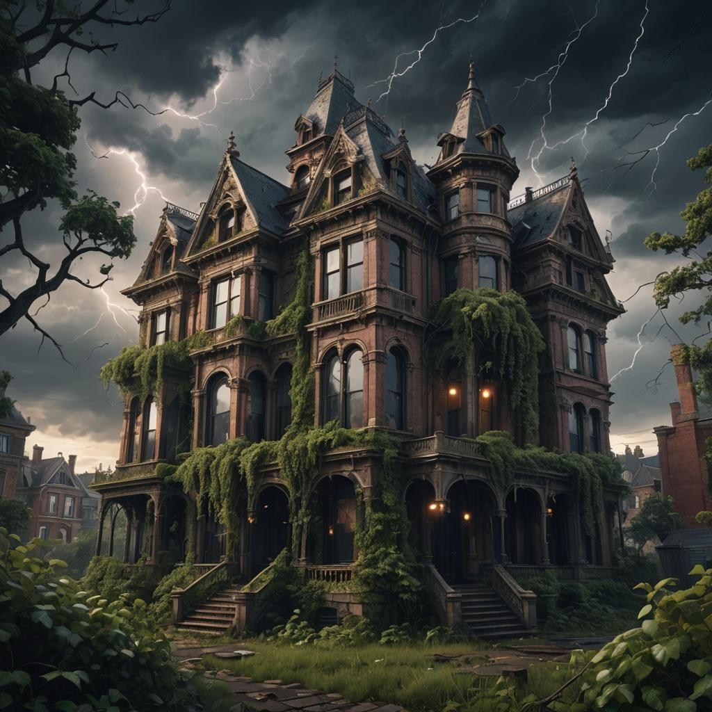 Stormy Night at Abandoned Victorian Mansion