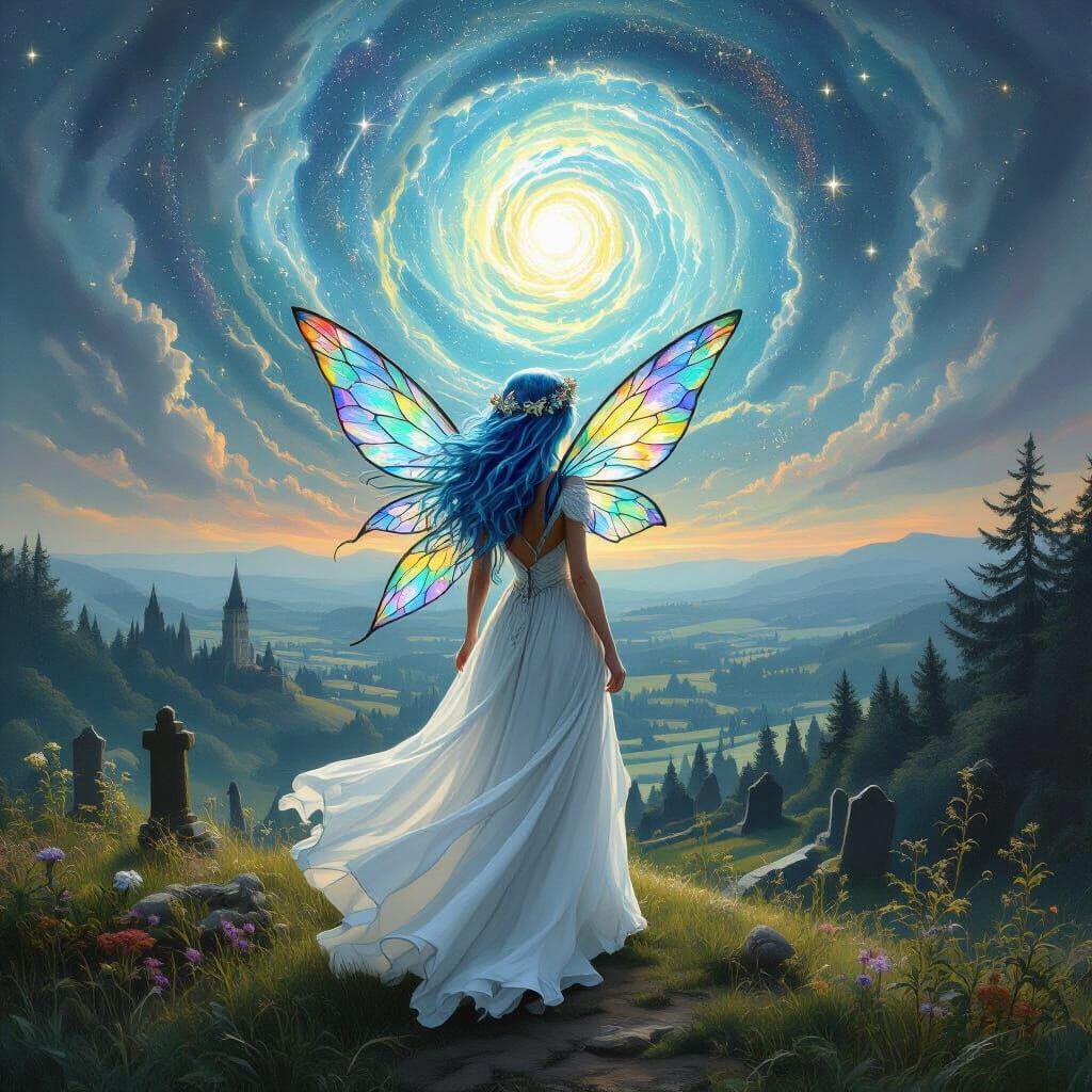 Blue-Haired Fairy with Stained Glass Wings in Romantic Style