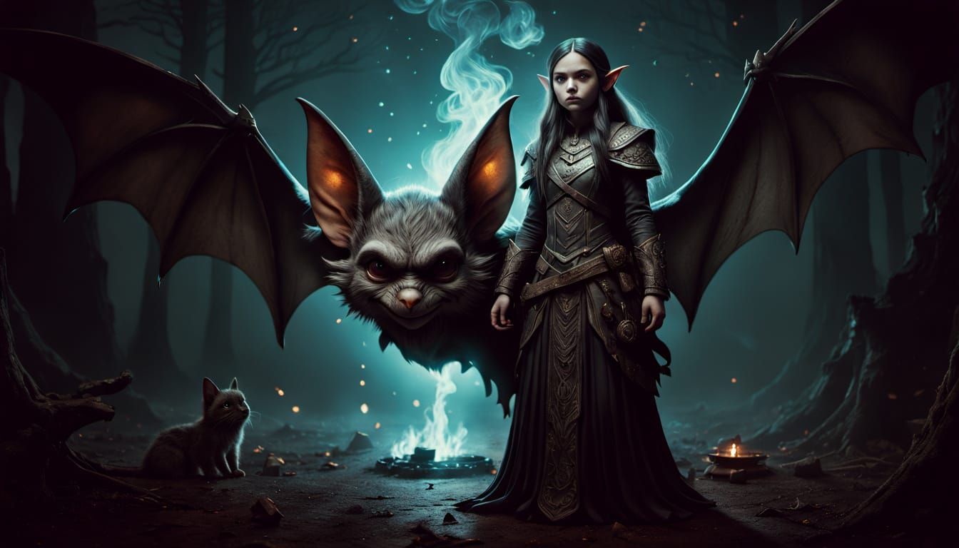 Ethereal Gnome Sorceress with Giant Bat in Smoky Cinematic S...