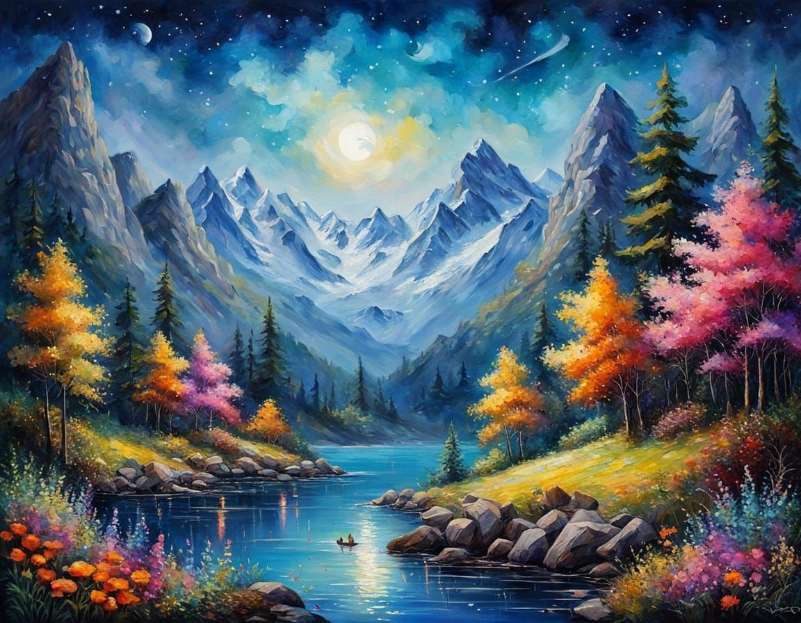 Sailboats Between Towering Mountains in Impressionistic Styl...