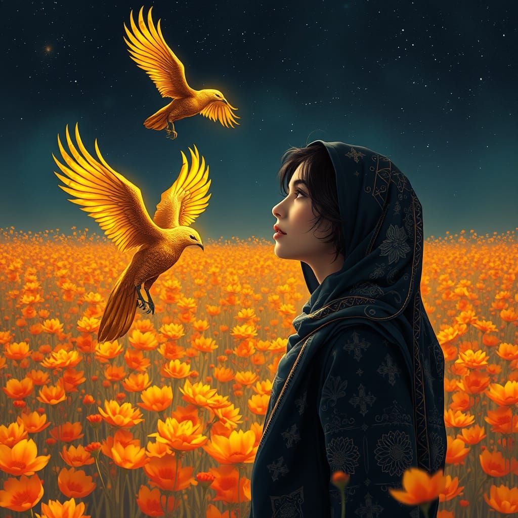 Iranian Woman and Simorgh Bird in Digital Art
