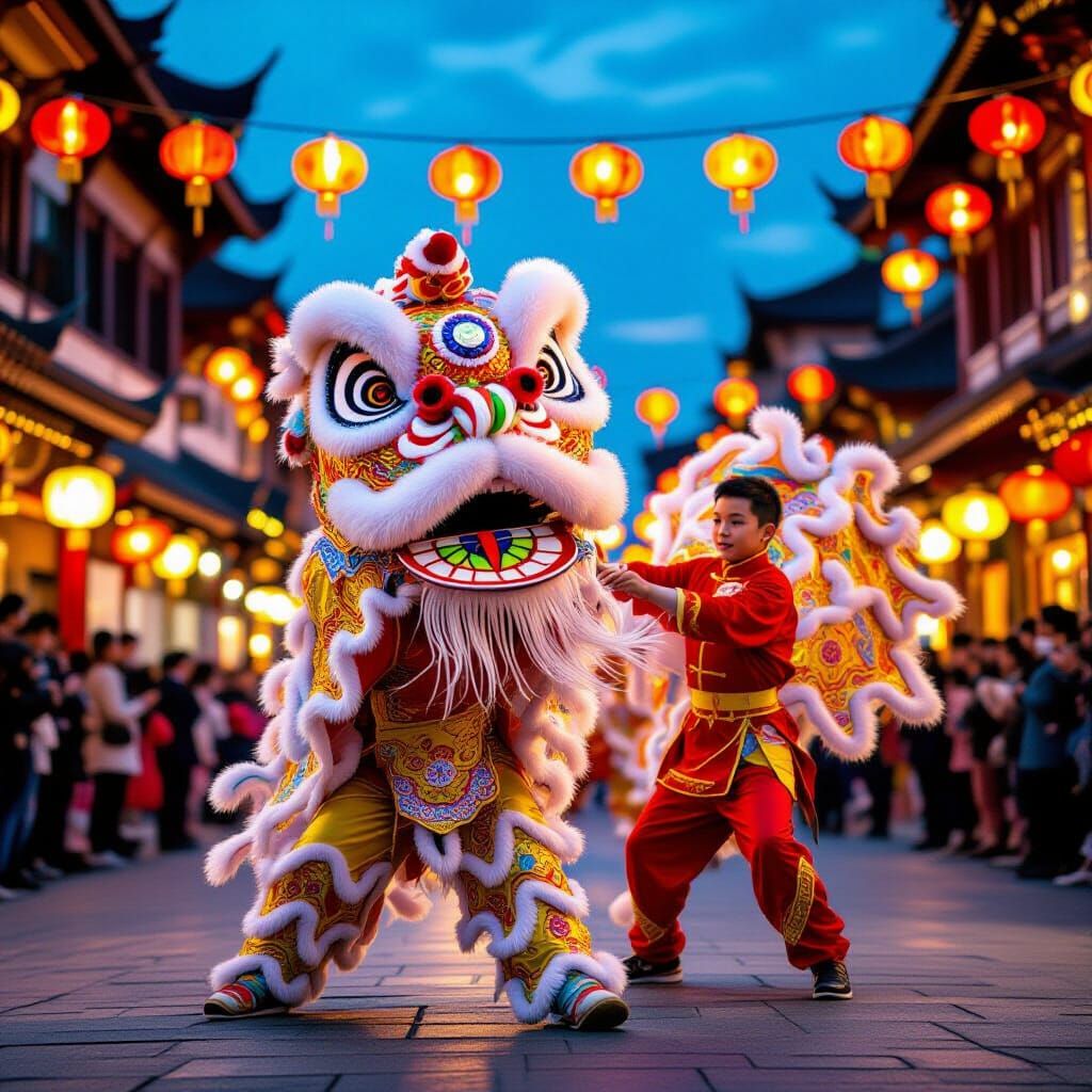 Boy Operates Lion Dance Costume in Chinatown