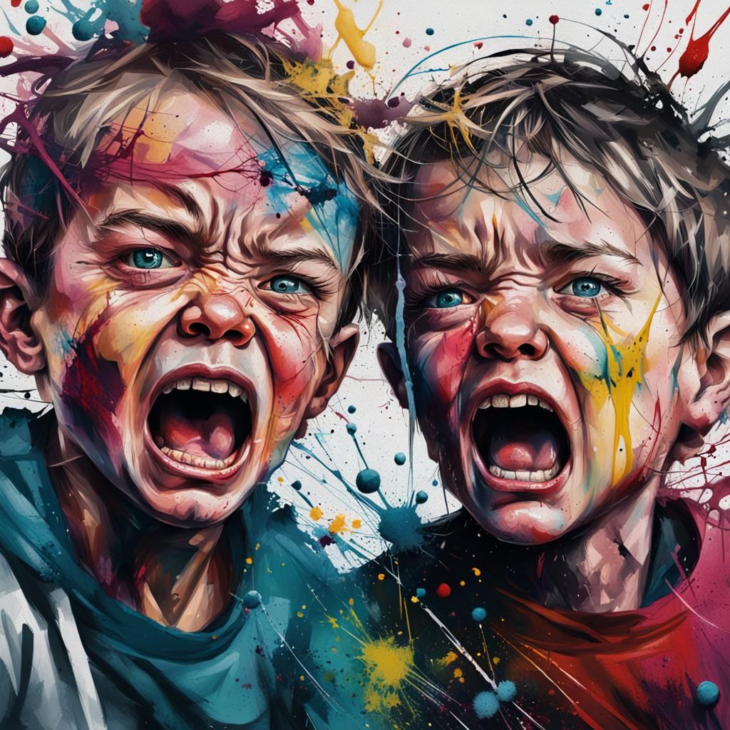 Kids Toy Fight: Expressive Mixed Media Illustration