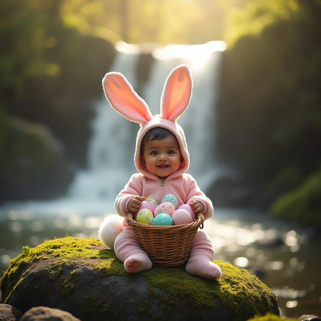 Cherubic Malayali Easter Bunny Girl Sits Near Waterfall