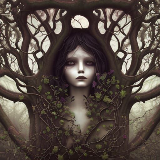 Ethereal Oak Tree Portrait with Wildflowers