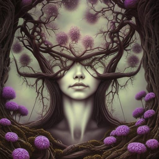 Ethereal Oak Tree Portrait with Glowing Wildflowers