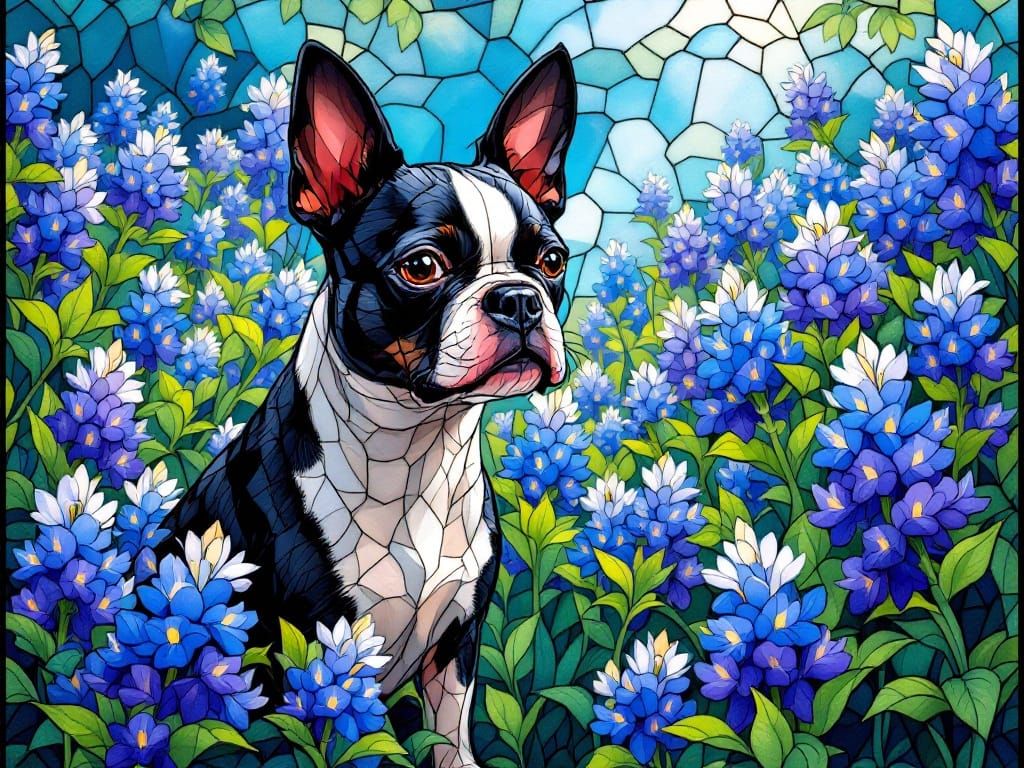 Boston Terrier in Vibrant Bluebonnet Garden, Inspired by Tif...
