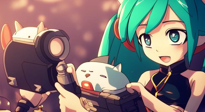 Miku Singing, Cat Watching, in Anime Style
