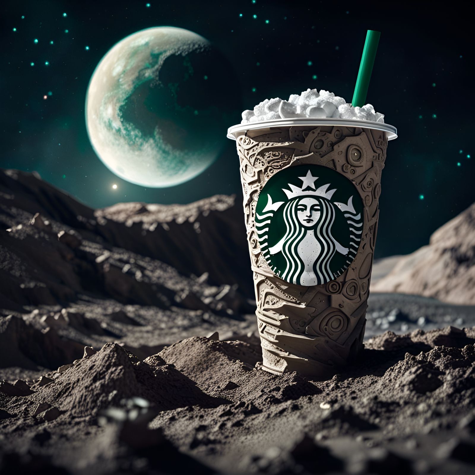Hyperrealistic Starbucks on the Moon