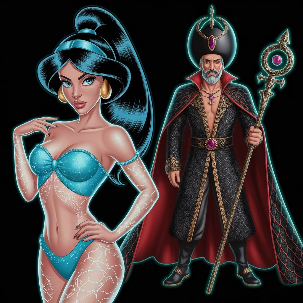 Goth Princess Jasmine and Jafar with Bioluminescent Tattoos