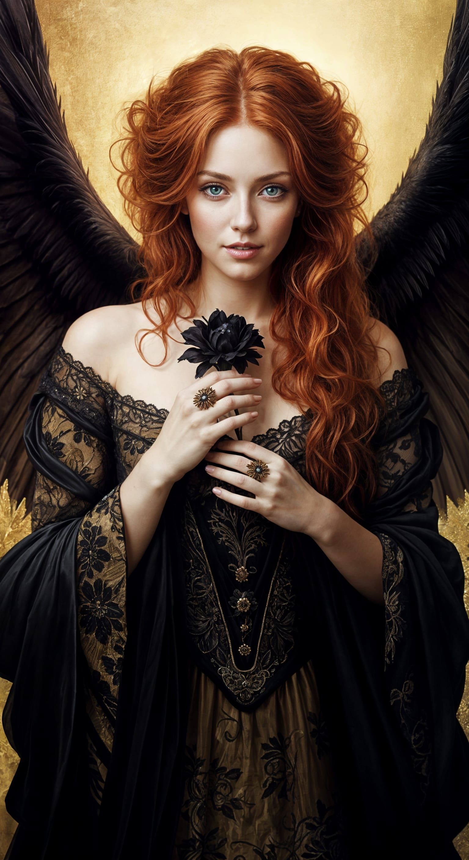 Red-Haired Angel with Black Wings, Oil Painting