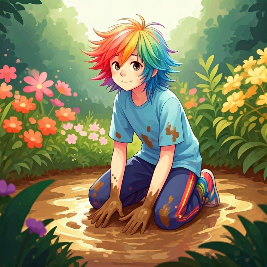 Rainbow-Haired Boy Making Mud Pies in Garden