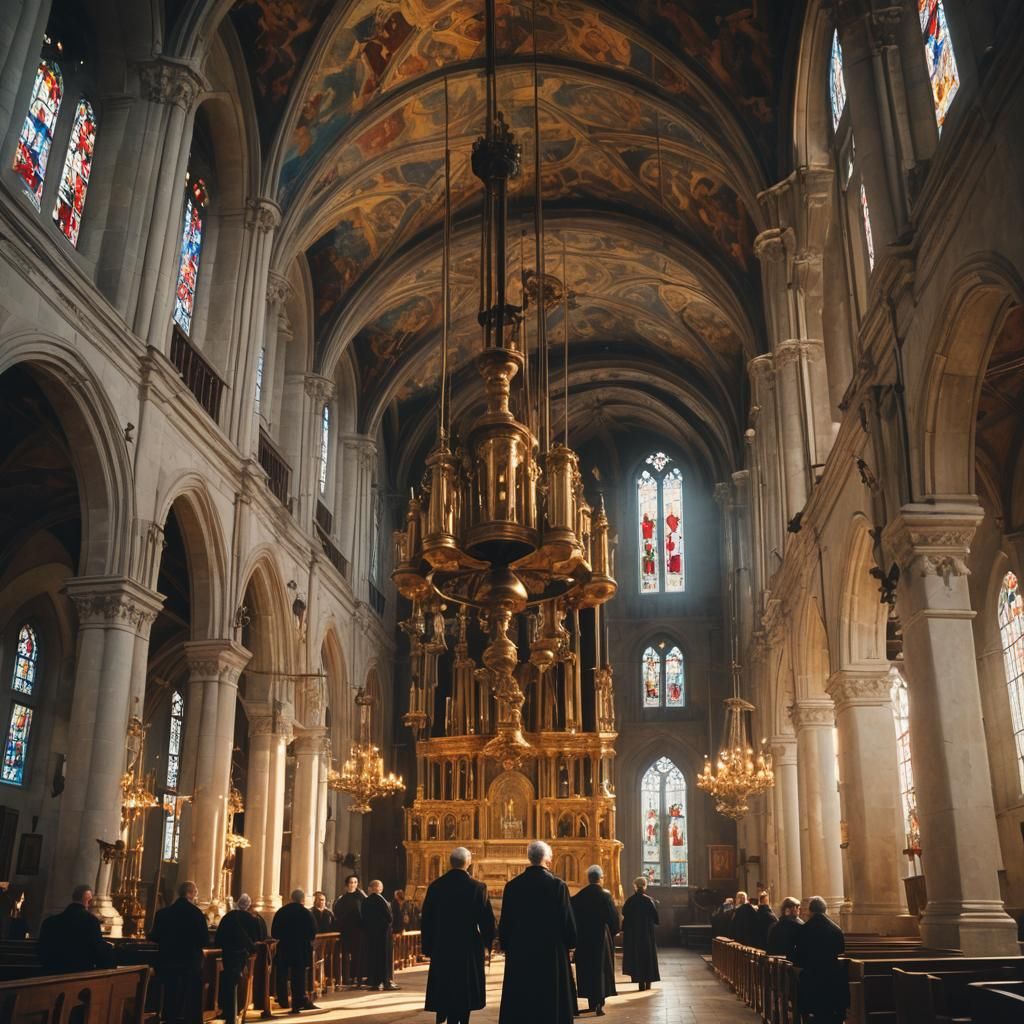 Baroque Church Interior with Ringing Priests