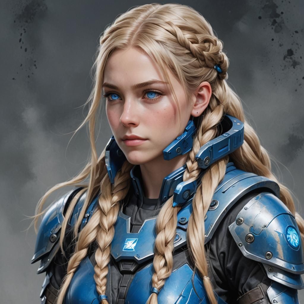 Blonde Girl with Blue Power Armor - close