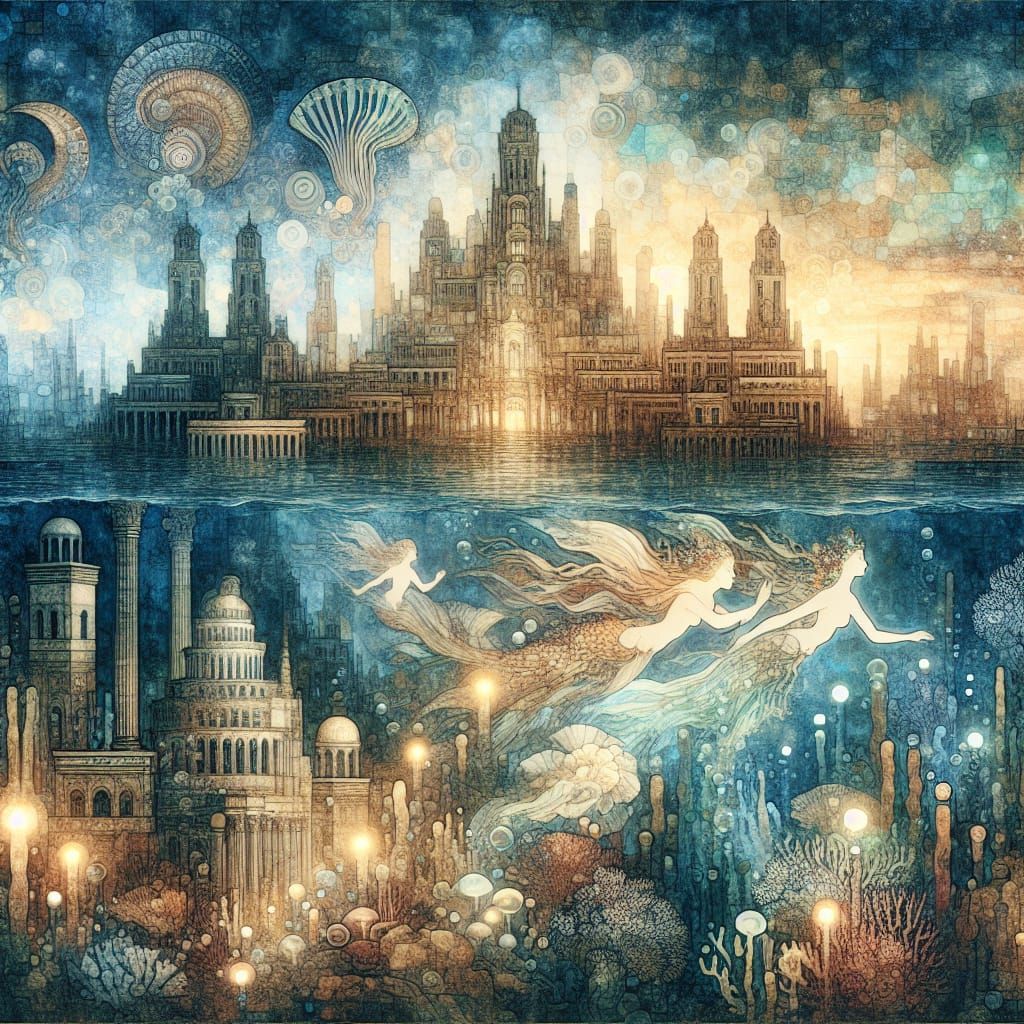Mystical Atlantis Cityscape in Impressionist Style