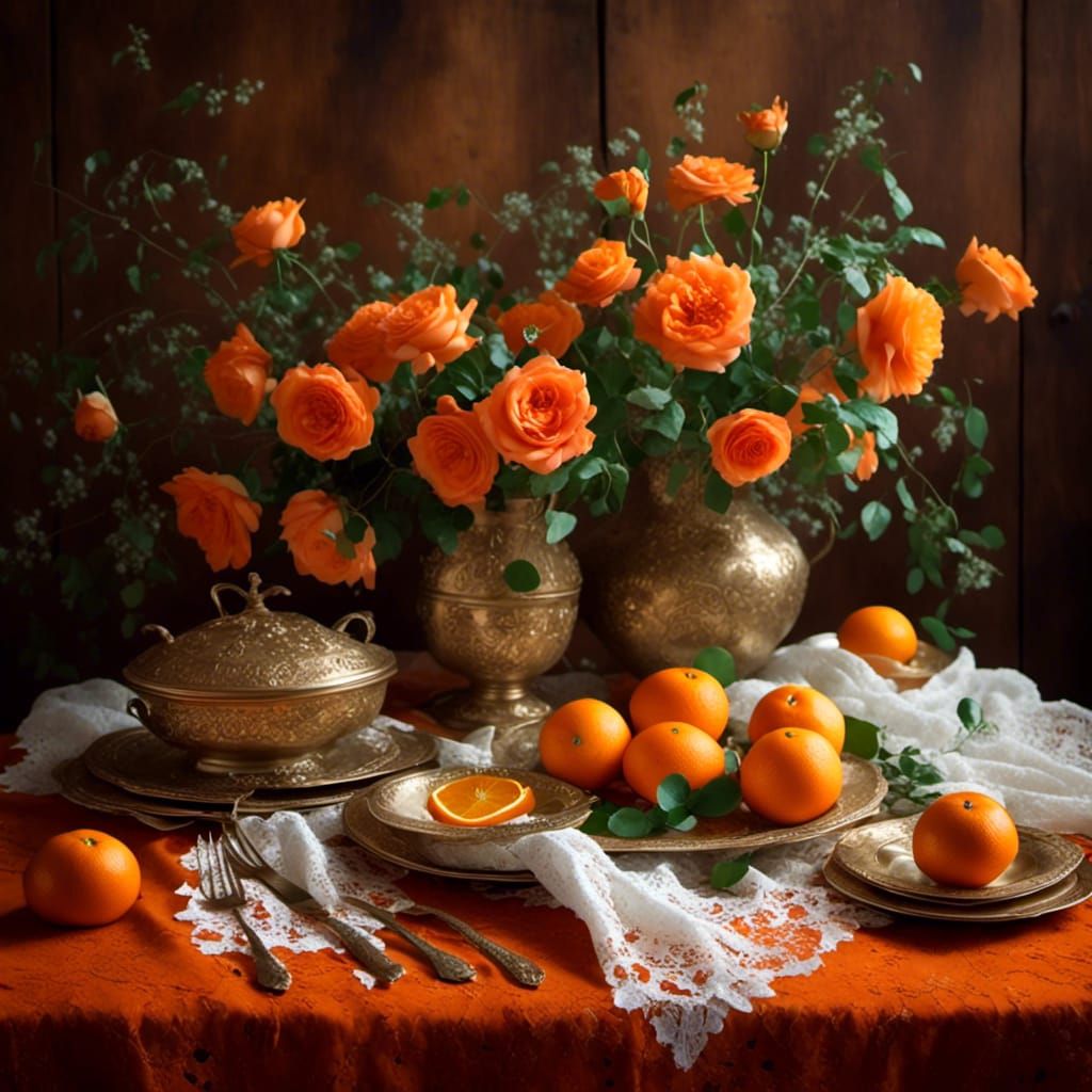 Cozy Still Life with Oranges and Roses