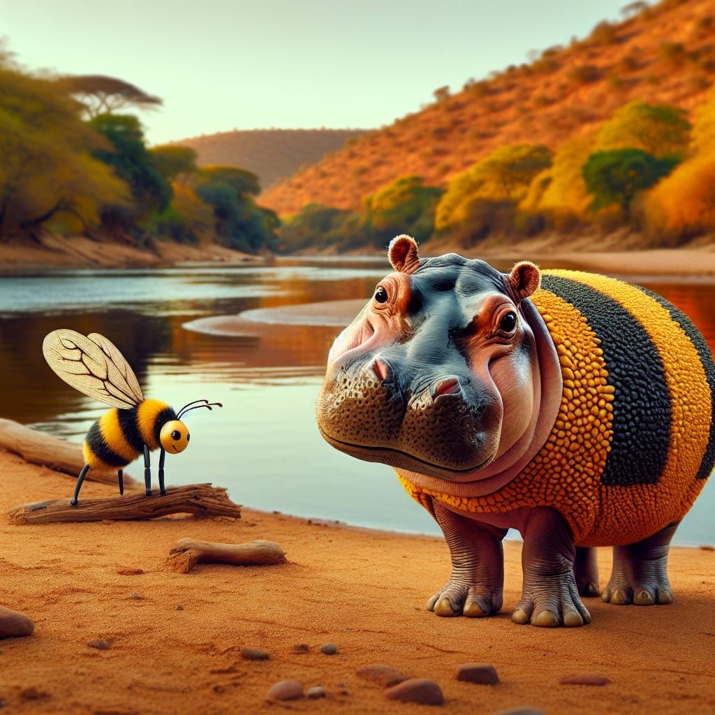 Hippo with Bee Pattern by River in 8K