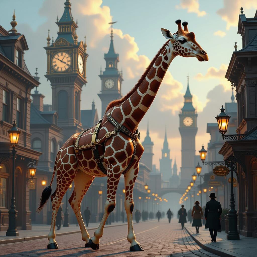 Steampunk Giraffe in Victorian Cityscape