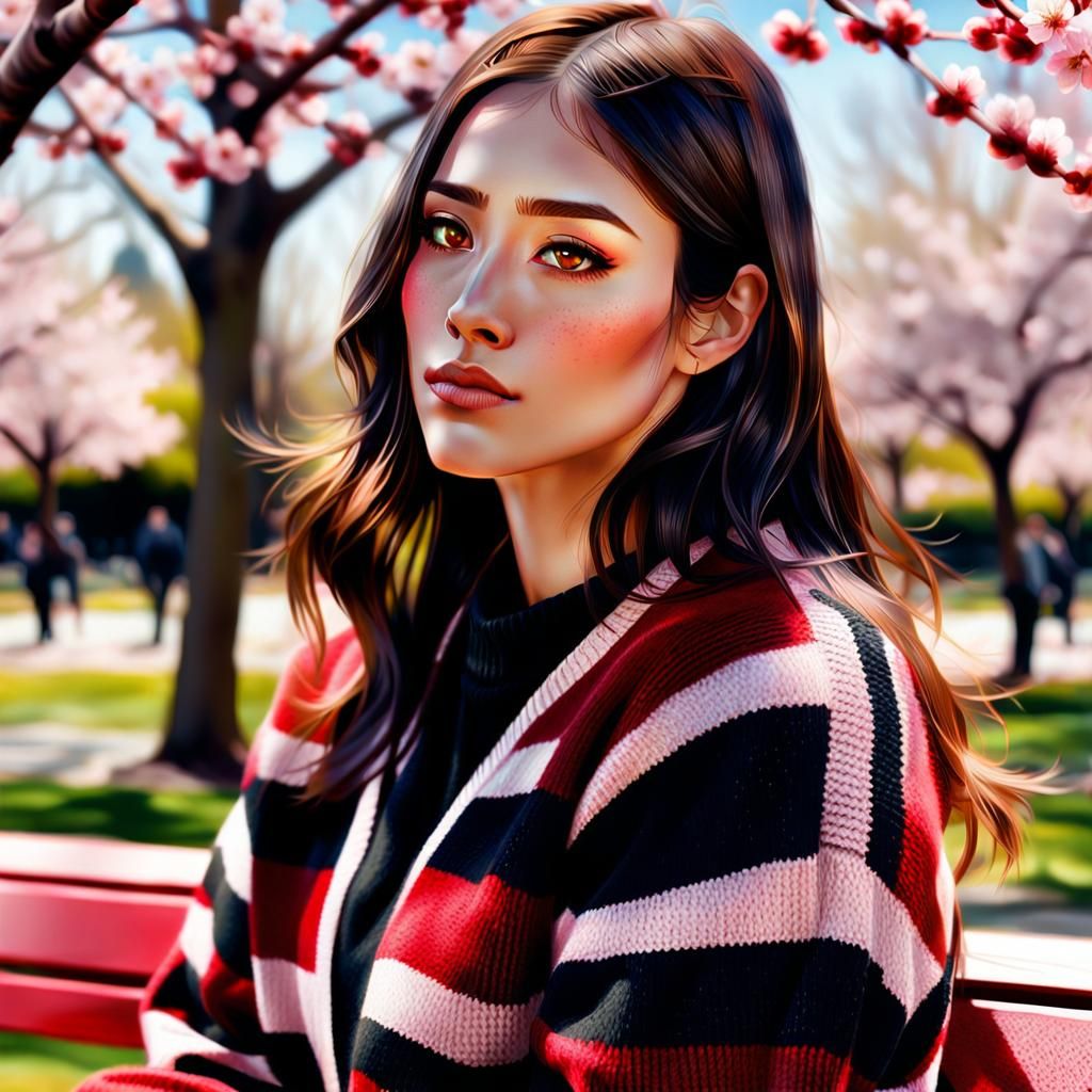 Melancholy Manga Woman in Cherry Blossom Garden
