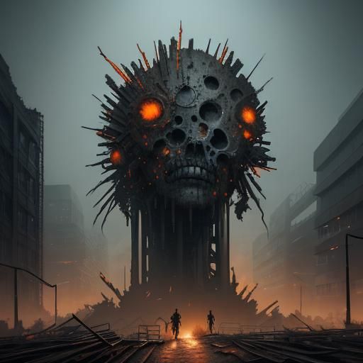 Surreal Industrial Horror in Dark Blue and Orange