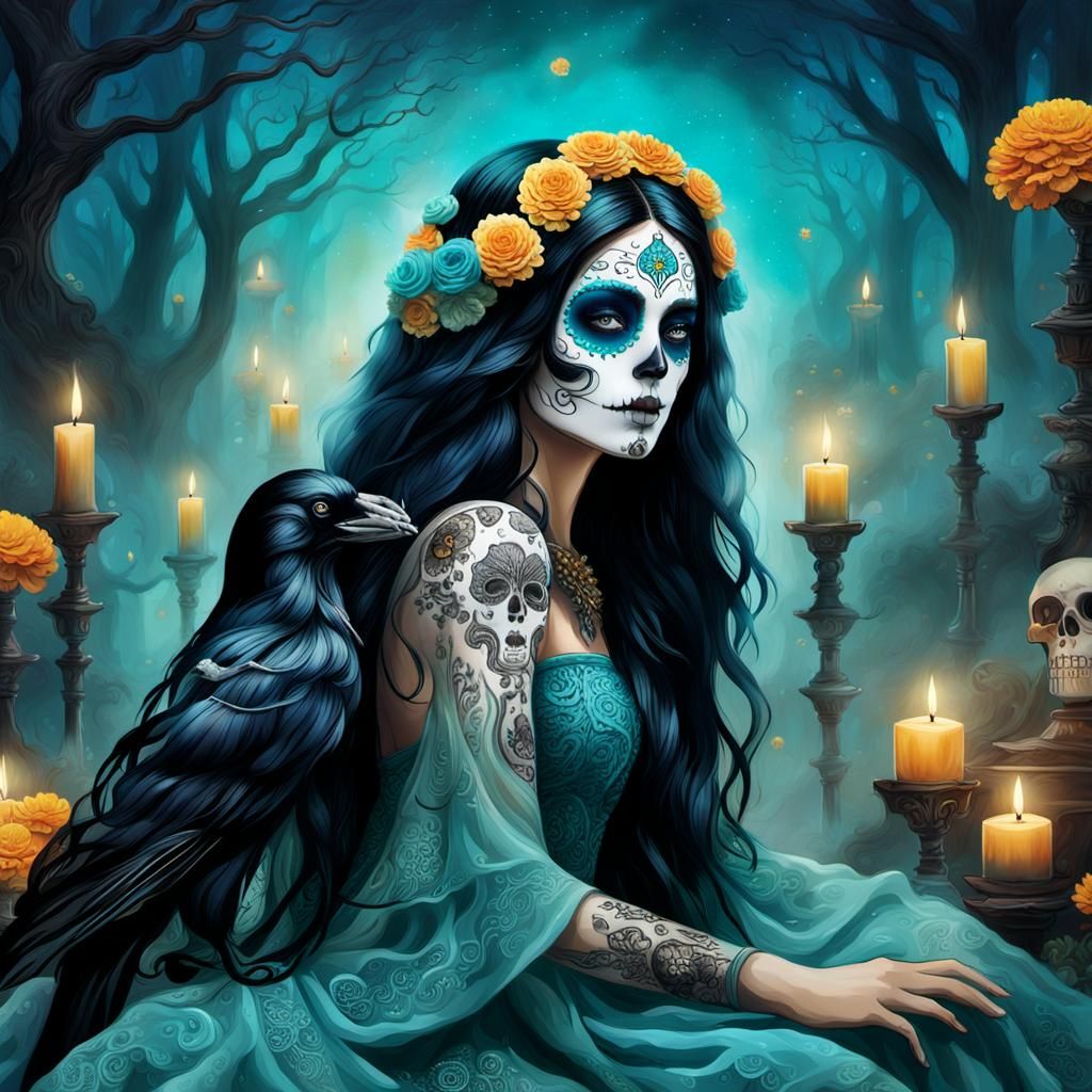 Regal Day of the Dead Goddess in Digital Dreamscape