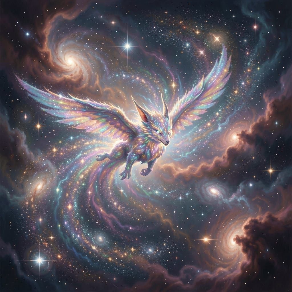 Cosmic Creature Soaring Through Galaxy in Digital Painting S...