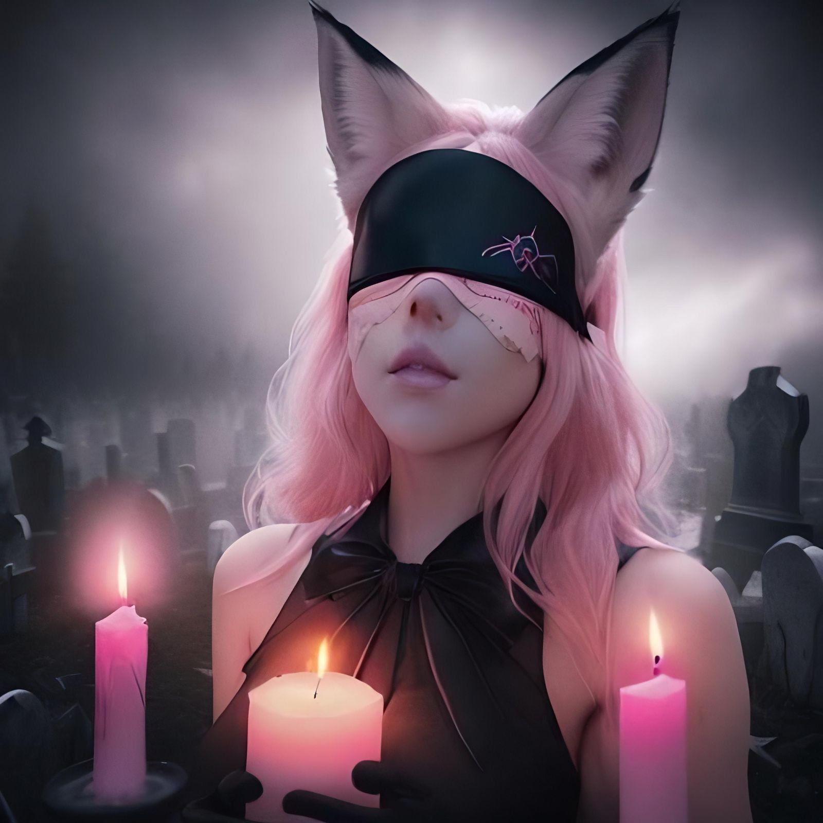 Eerie Graveyard Seance with Fox-Eared Woman