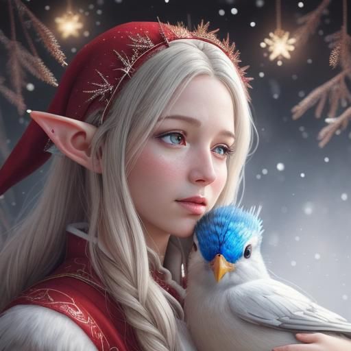 Elf and Bird in Watercolor Christmas Scene