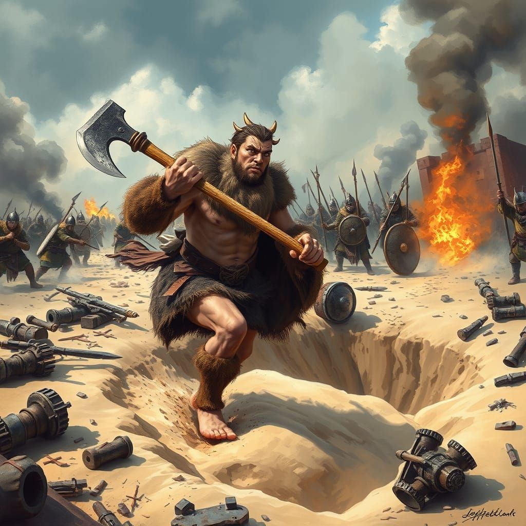 Barbarian Warrior Struggles in Quicksand Battle