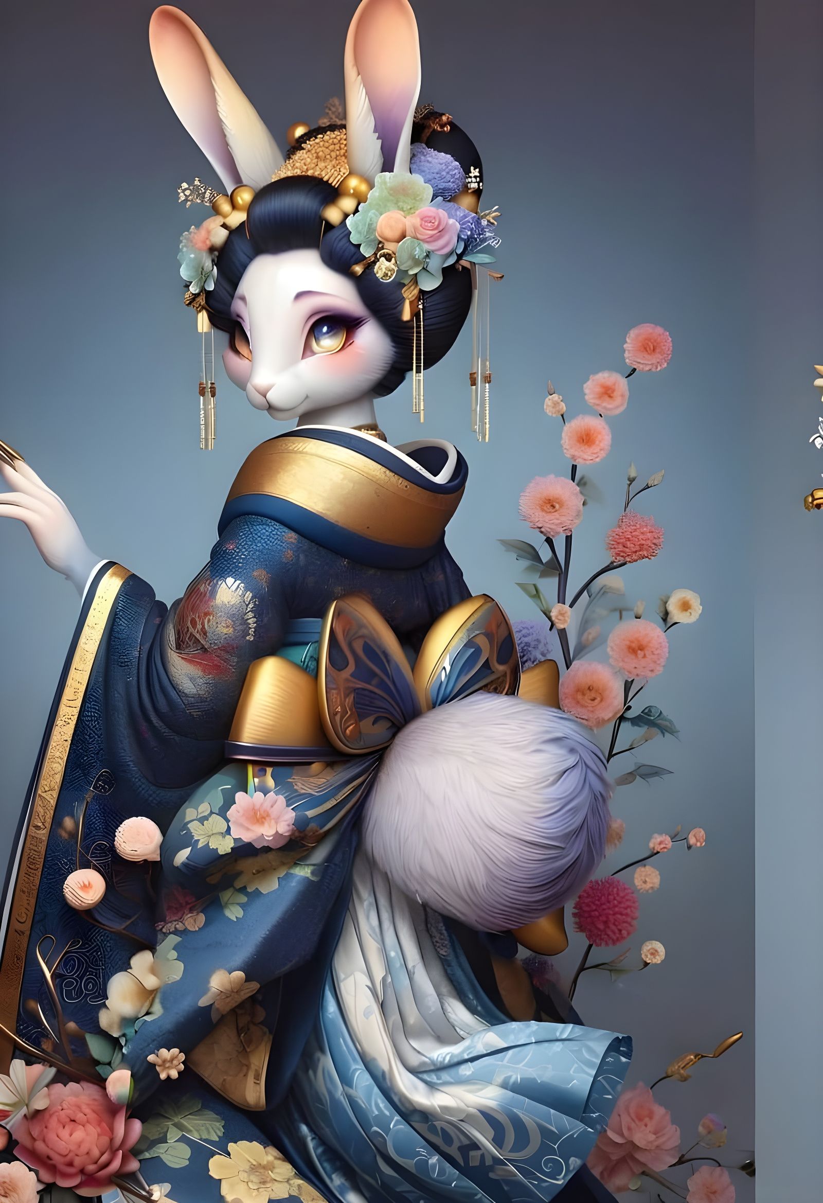Whimsical Geisha Rabbit in Ornate Kimono and Gold Jewelry