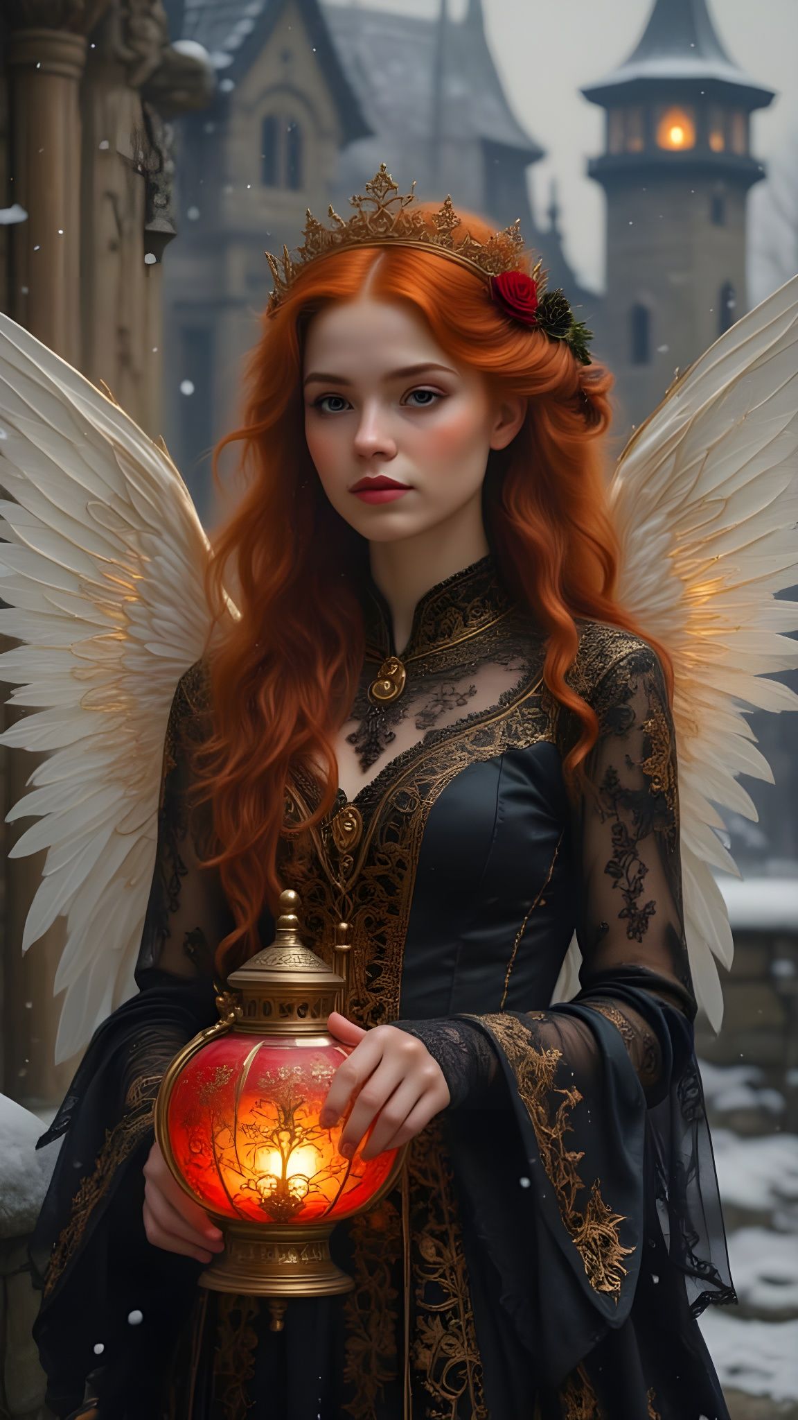 Ethereal Red-Haired Angel in Snowy Castle Night