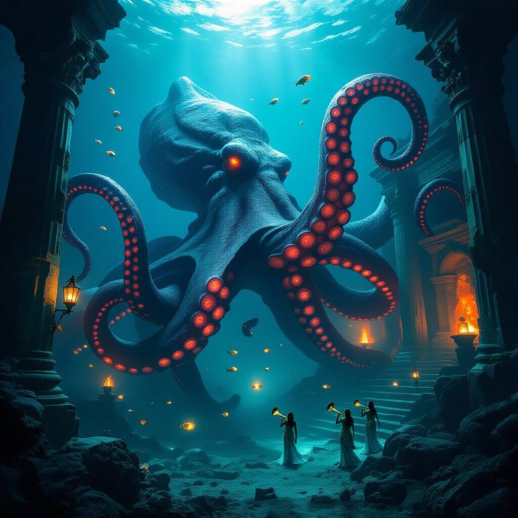 Abyssal Kraken Coils Sunken Temple in Cinematic Fantasy Scen...