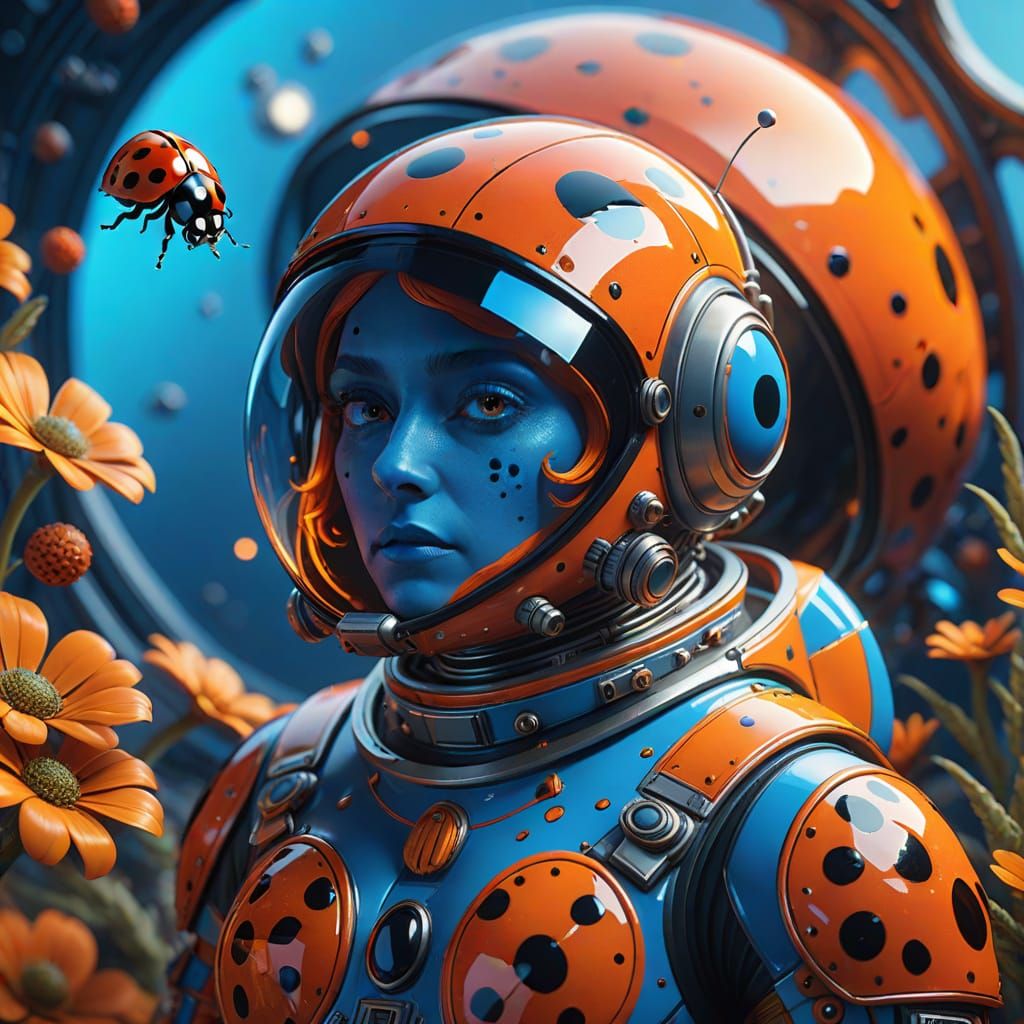 Surreal Ladybug Astronaut Explores Vibrant Cosmic Realm