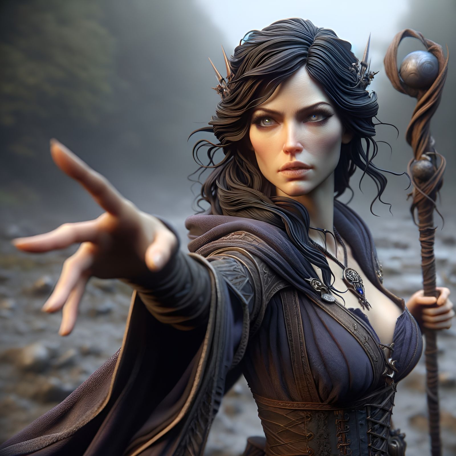 Sorceress Action Pose on Battlefield as Baroque Oil Painting