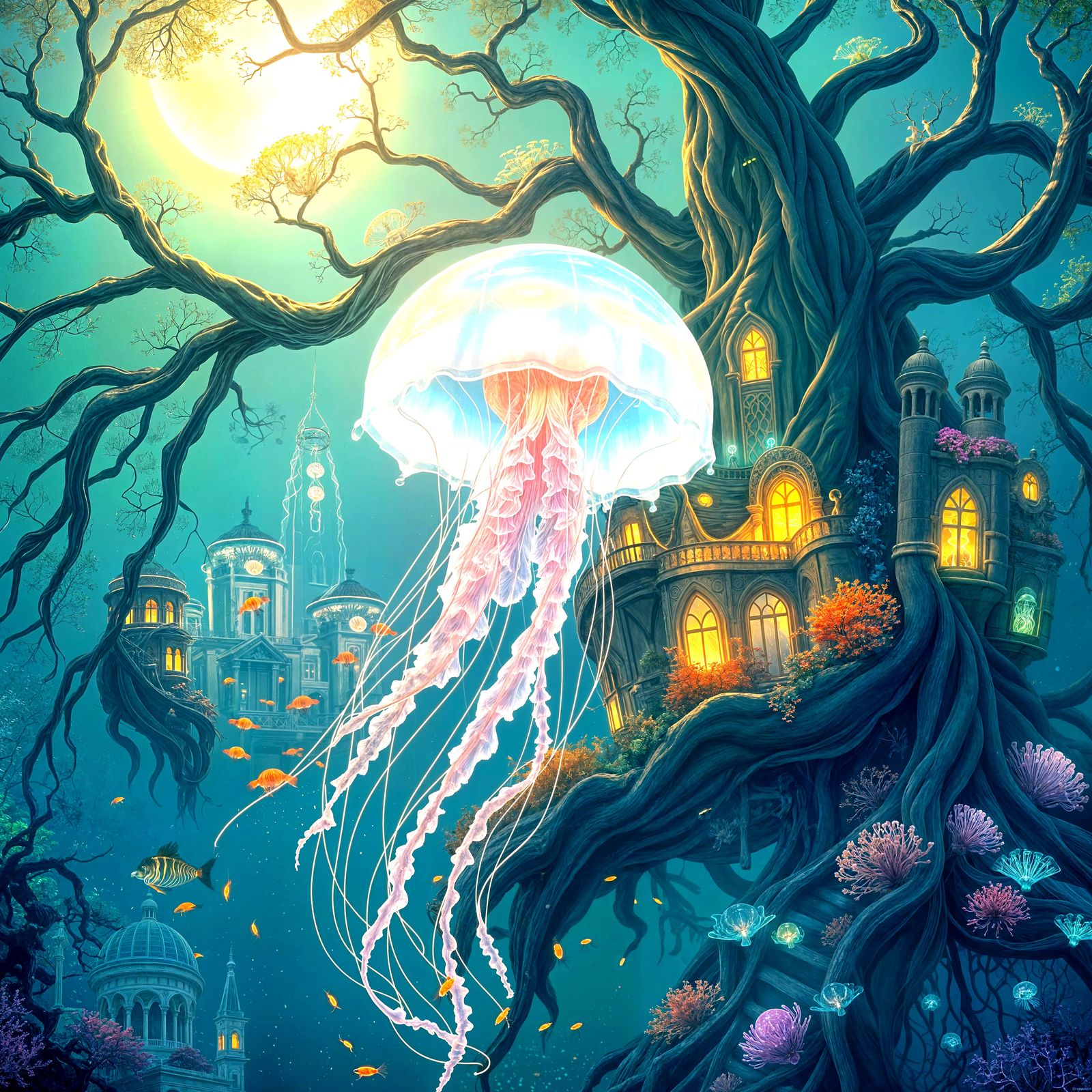 Whimsical Underwater City Scene in Dreamlike Bioluminescent ...