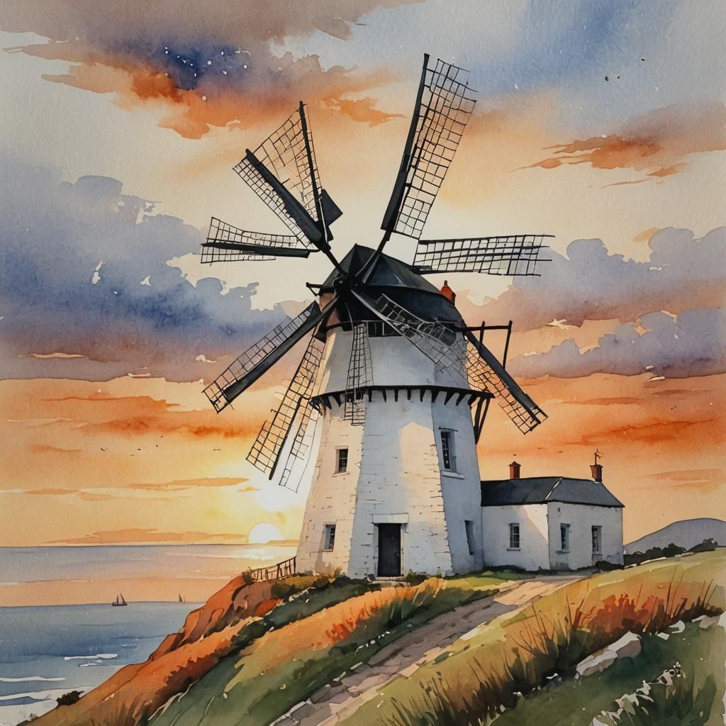 Watercolor Windmill at Sunset by the Sea