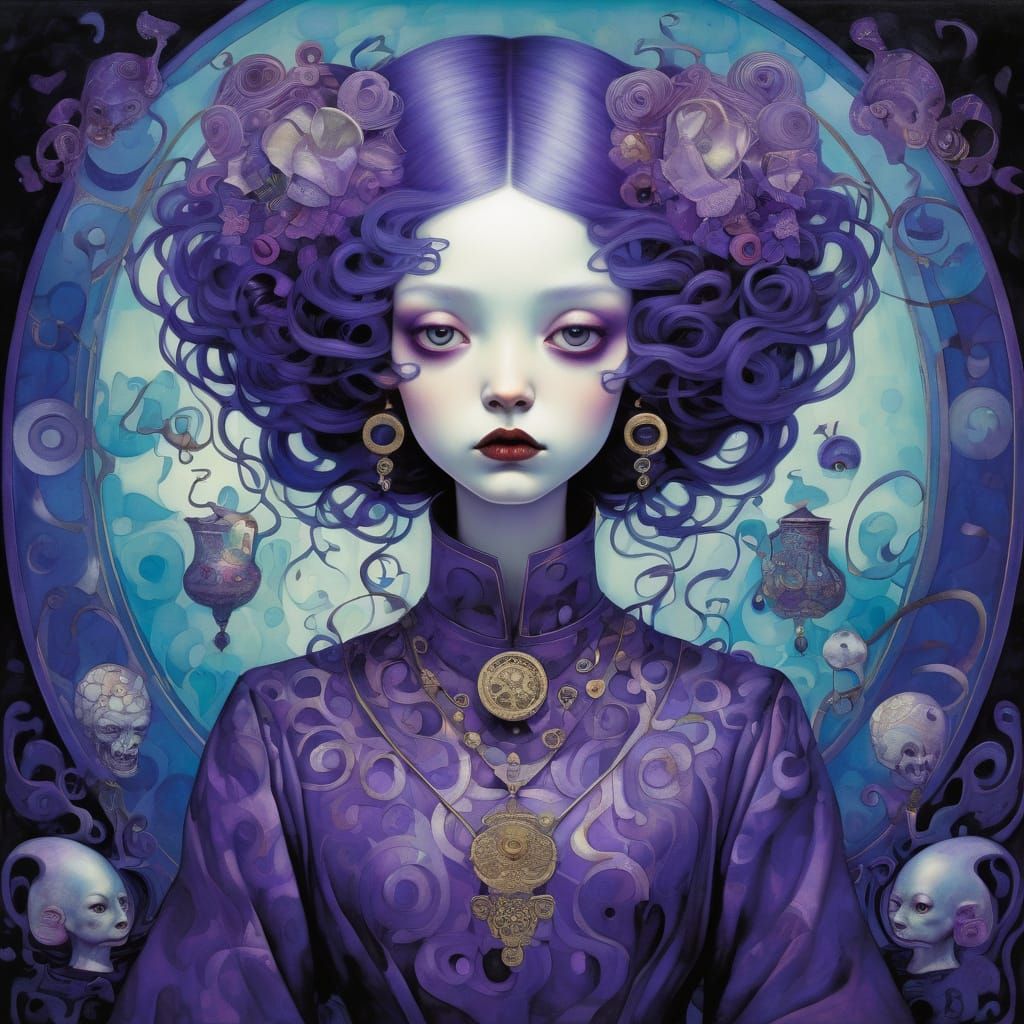 Vibrant Purple Portrait in Mixed Artistic Styles