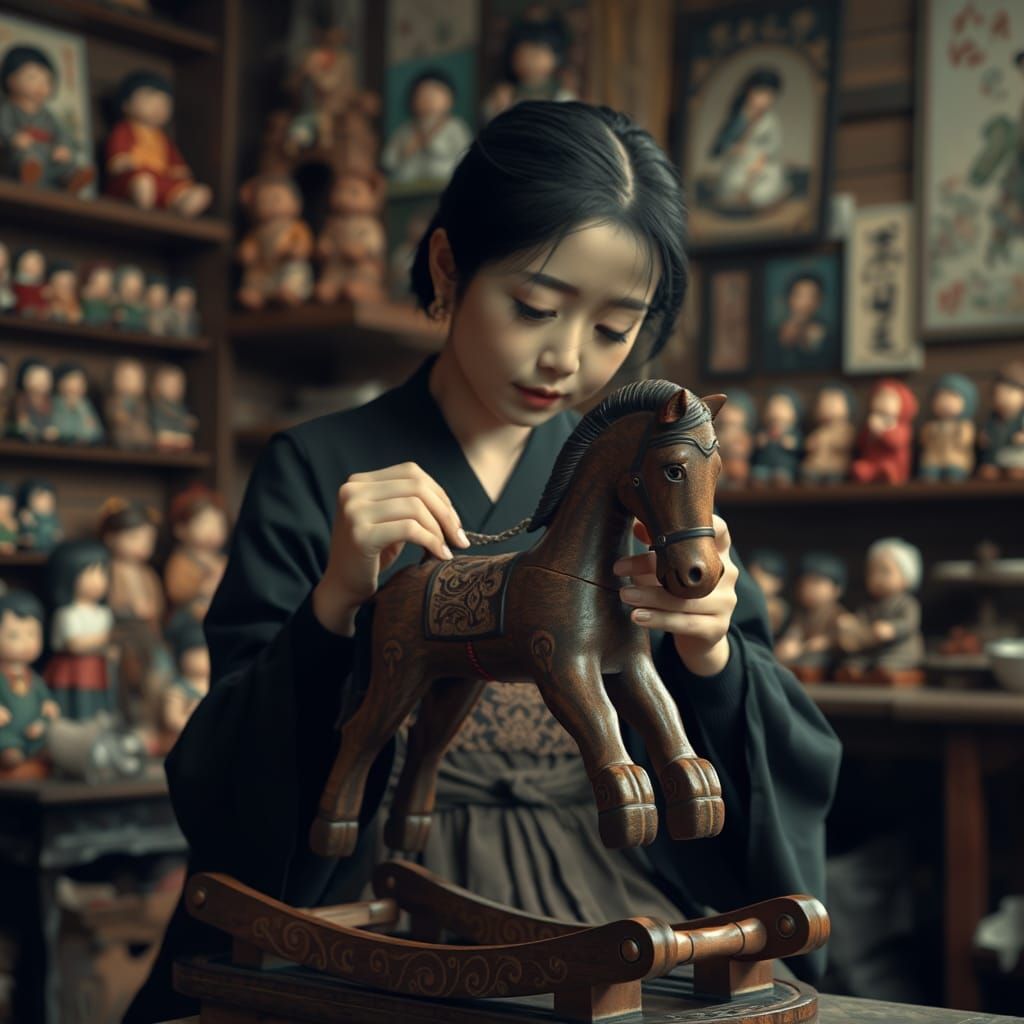 Japanese Woman Repairs Toy Horse in Rembrandt Style