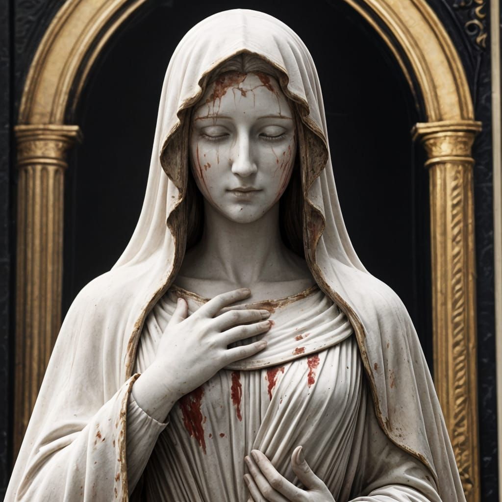 Surreal Virgin Mary Statue Weeps Blood in Dark, Gothic Scene