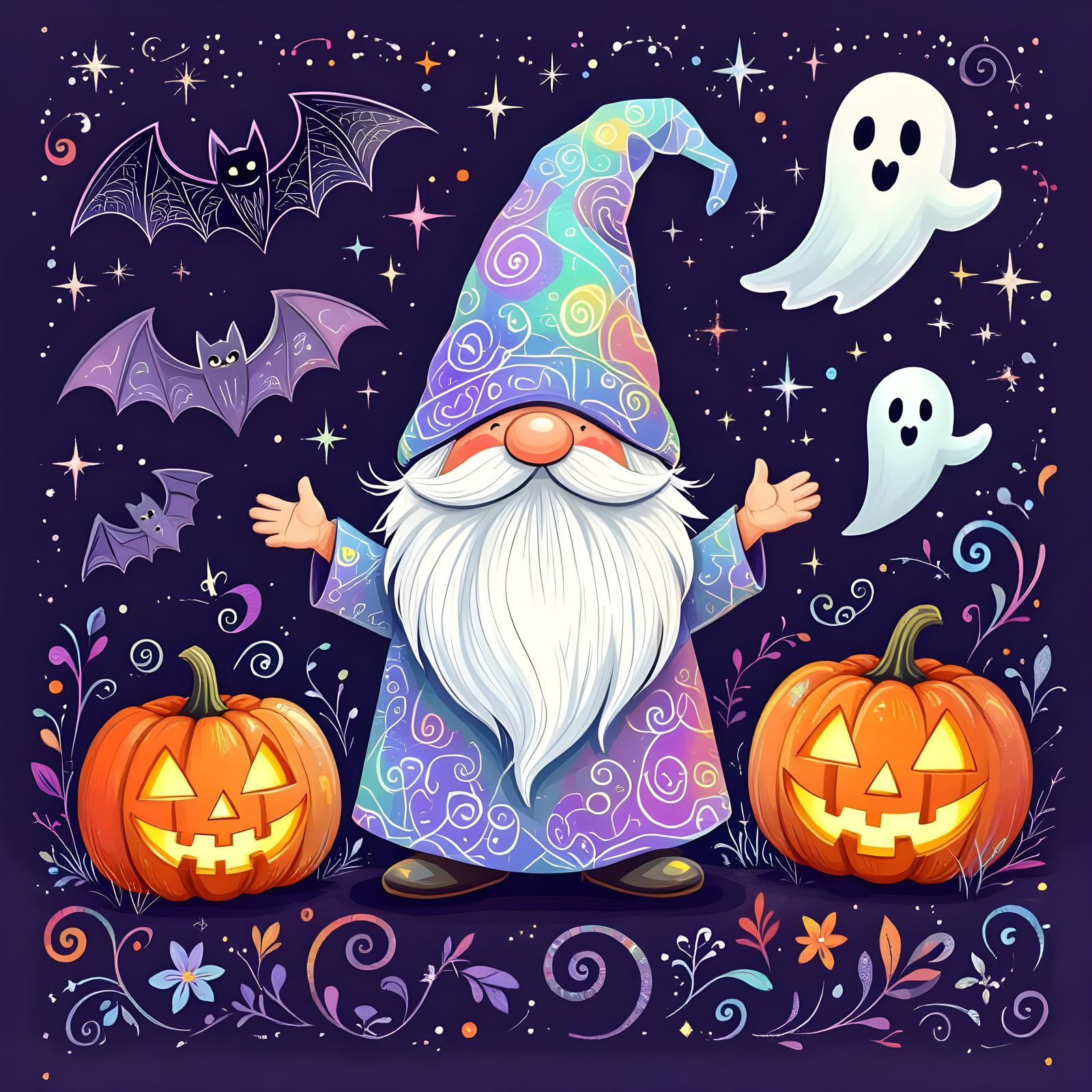 Shimmering Gnome with Halloween Shapes on Purple Background