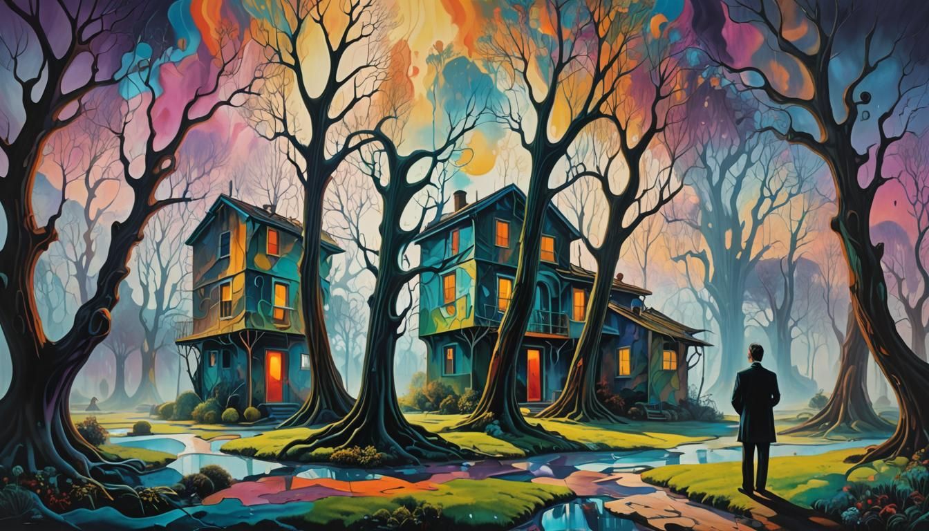 Surrealist Backyard Scene with Distorted Forms